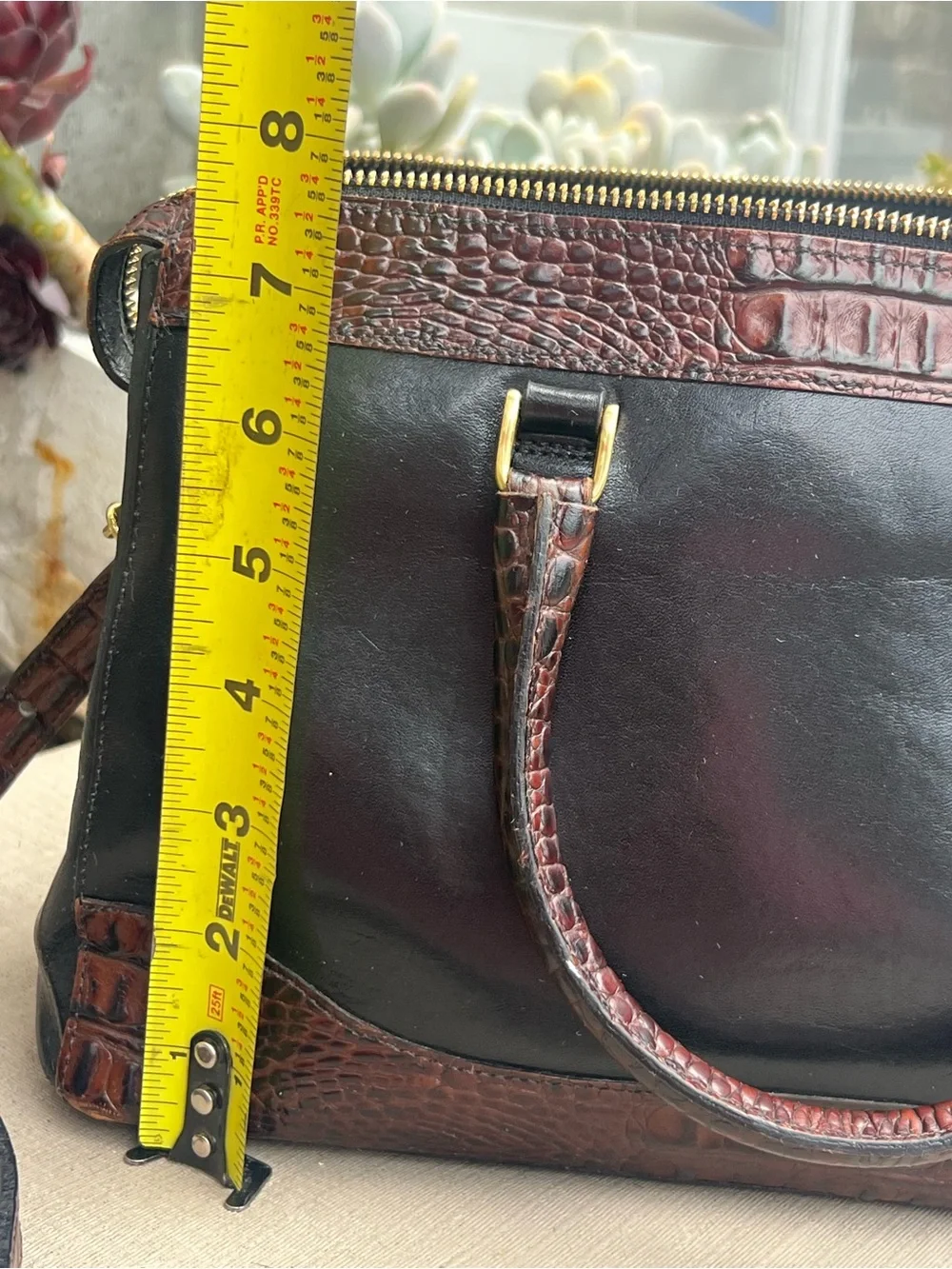 Brahmin Black Leather Satchel with Brown Croc-Embossed Trim